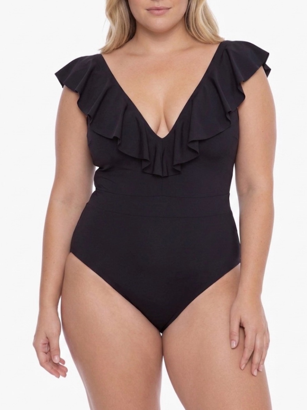 Trina Turk Black Atlas Ruffle Plunge One-Piece Swimsuit Size 14 EUC